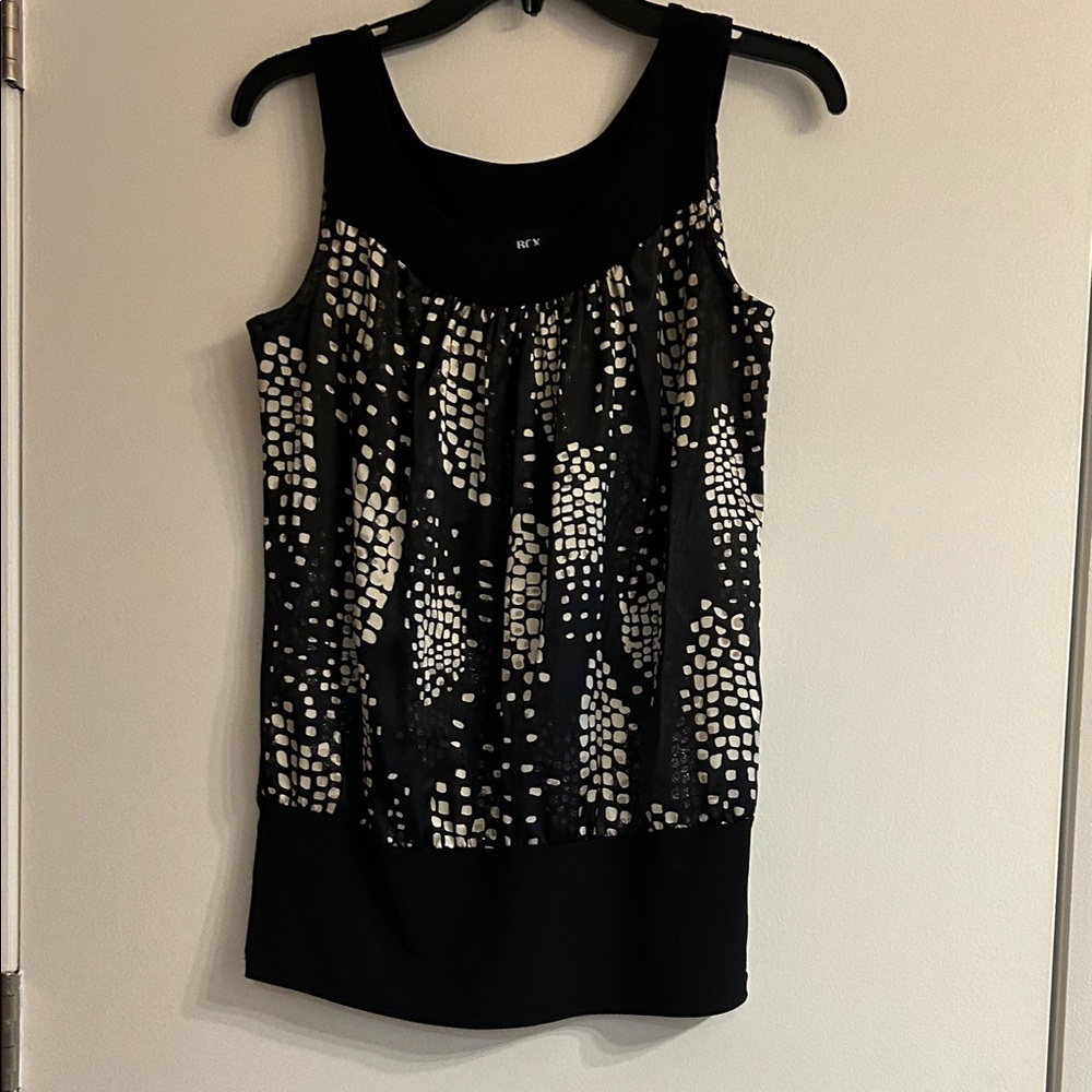 BCX Black Blouse with White Abstract Dot Accents